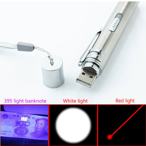 Mini USB Rechargeable 3in1 LED Flashlight Powerful LED Torch Waterproof Design Penlight uv light/ white light