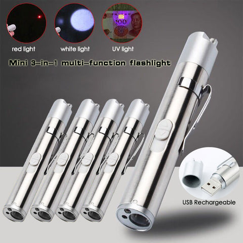 Mini USB Rechargeable 3in1 LED Flashlight Powerful LED Torch Waterproof Design Penlight uv light/ white light